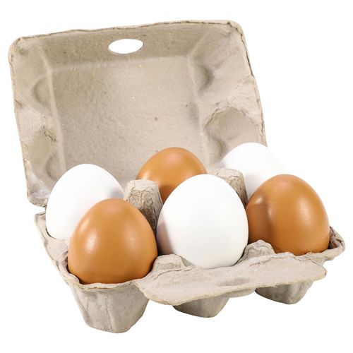 Set of 6 wooden play eggs in carton box for pretend breakfast play and sensory hosting