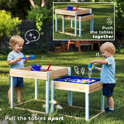 Unnested dual tables in garden setting supporting neurodivergent-friendly tactile engagement
