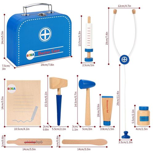 Set of wooden medical tools with a blue toolbox, including a thermometer, syringe, stethoscope, and more, with measurements indicated.