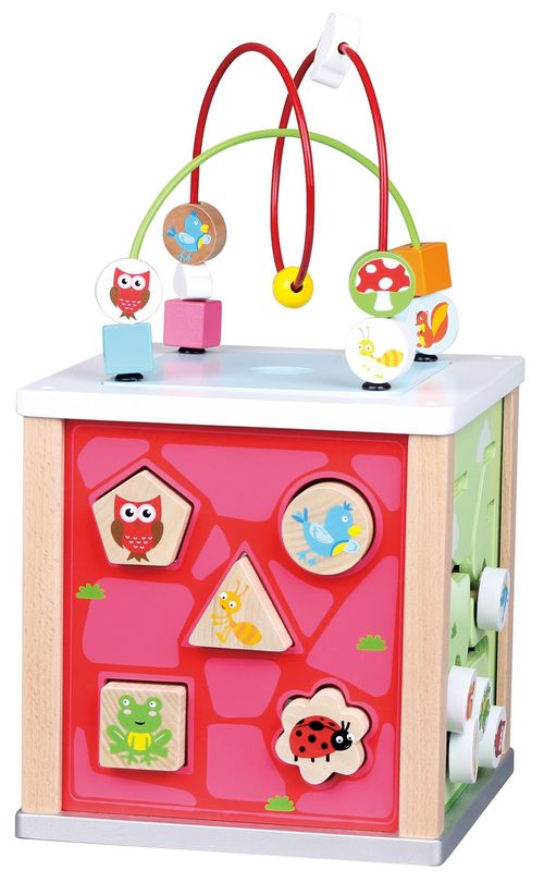 LELIN nature-themed activity cube with colourful panels featuring gears, beads and flip blocks