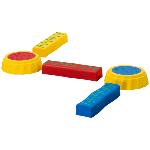 Five colourful stepping stones and bridges arranged in a zigzag path across a playroom floor, designed for safe balance and sensory engagement
