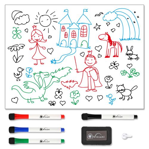 Children's drawing on a whiteboard with colorful markers and eraser.