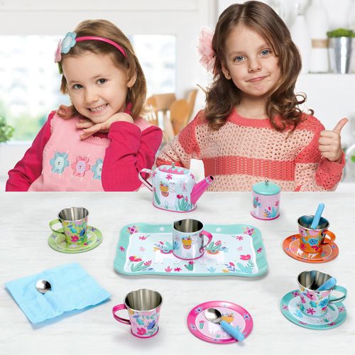 Pretend tea party scene using lightweight tinware with vibrant llama motif