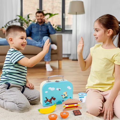 Child opening classic SOKA carry lunchbox with colourful pretend food items for role play