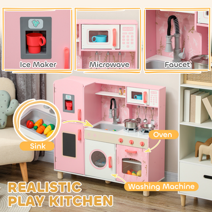 Pink play kitchen set with various appliances and toy items on a wooden floor.