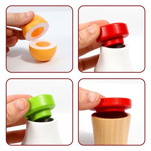 Collage of a hand using colorful bottle caps on different objects.