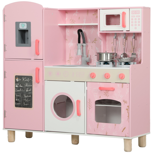 Pink children's play kitchen set with various appliances and utensils on a white background
