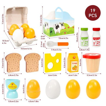 Set of toy food items including eggs, bread, and milk with measurements and packaging on a white background.