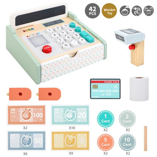 SOKA wooden cash register with white finish and card swipe toy, designed for pretend play