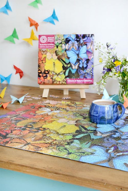 Completed jigsaw of butterflies and moths, ideal for neurodivergent adults seeking routine-led focus