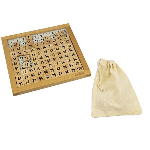 Cloth bag, grid board and control template shown together for structured Montessori numeracy play