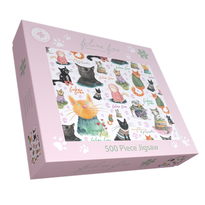 Feline Fine jigsaw puzzle showing illustrated collage of cats in colourful jumpers by Catherine Redgate