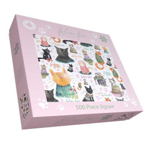 Feline Fine jigsaw puzzle showing illustrated collage of cats in colourful jumpers by Catherine Redgate