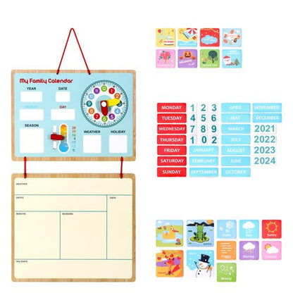 SOKA wooden calendar with labelled dials and movable panels for dates, time and weather learning
