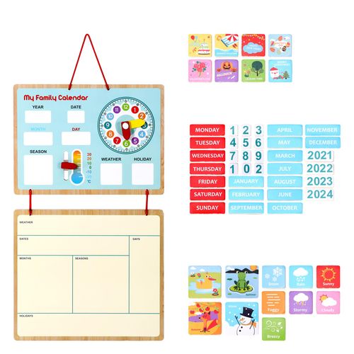 SOKA wooden calendar with labelled dials and movable panels for dates, time and weather learning