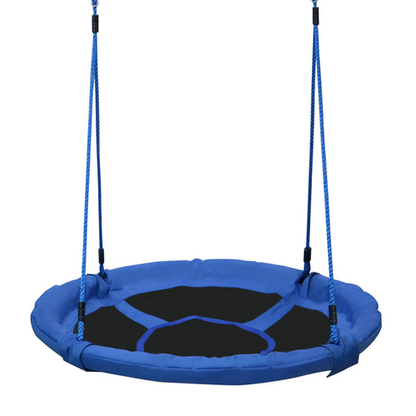 Round saucer swing seat with Oxford fabric and rope suspension shown assembled for outdoor sensory play