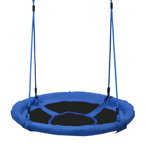 Round saucer swing seat with Oxford fabric and rope suspension shown assembled for outdoor sensory play