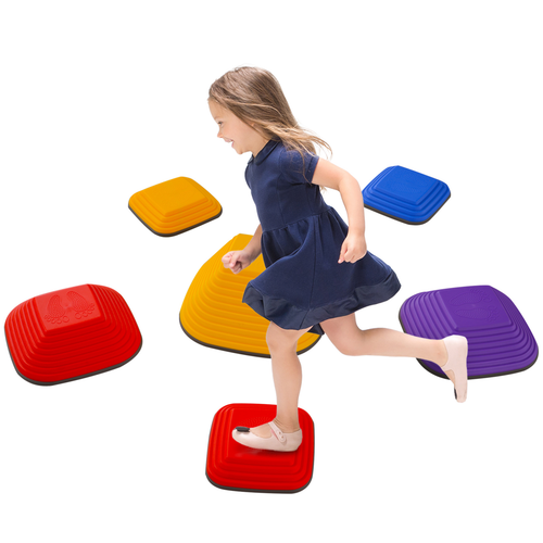 Colourful balance stepping stones arranged in sensory-friendly layout for indoor movement play