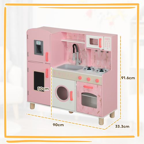 Pink toy kitchen set with measurements on a light gray background