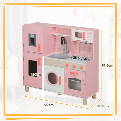 Pink toy kitchen set with measurements on a light gray background