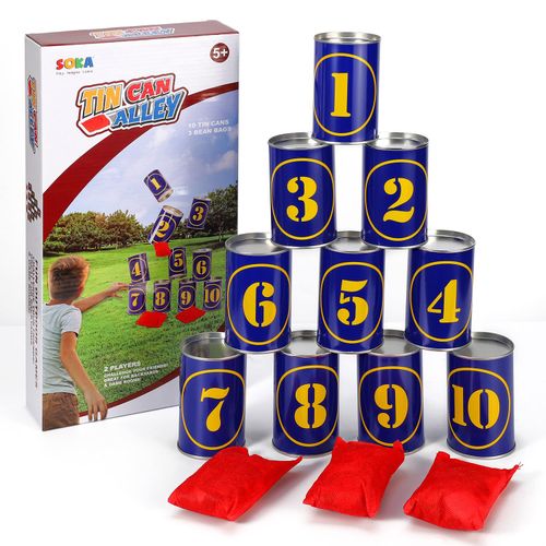 Indoor/outdoor carnival game with durable metal cans designed for coordination and fun