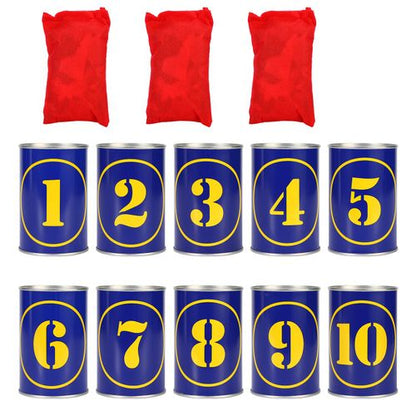 SOKA Tin Can Alley game with metal cans and beanbags arranged for knockdown play