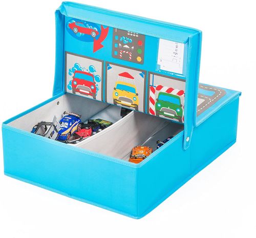 Foldable toy garage with road scene mat laid out for pretend car play and vehicle storage