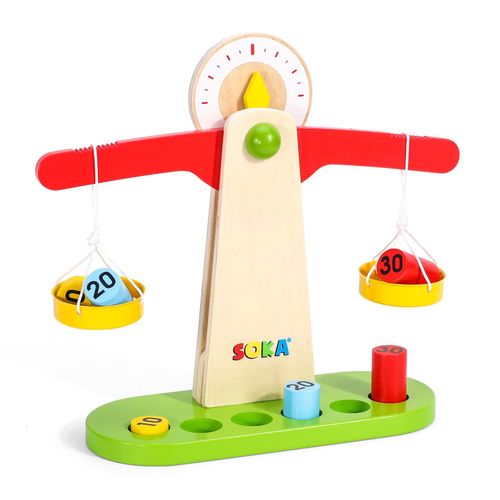 SOKA wooden balance toy with coloured weights and plates designed for early maths learning