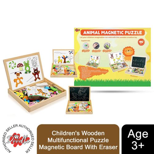 Reversible wooden puzzle board with magnetic pieces shown on whiteboard and chalkboard surfaces