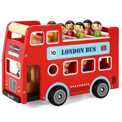 SOKA wooden red double-decker bus playset with tourist figurines for city storytelling
