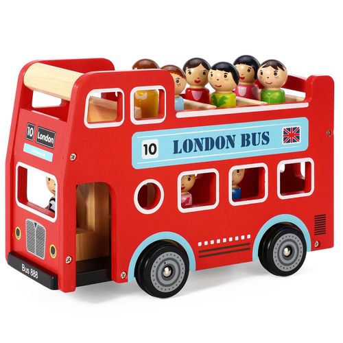 SOKA wooden red double-decker bus playset with tourist figurines for city storytelling