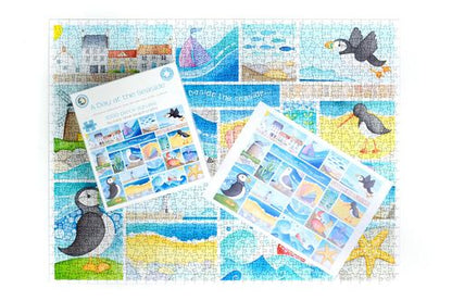 Completed jigsaw depicting seaside collage—supports visual focus and neurodivergent-friendly relaxation