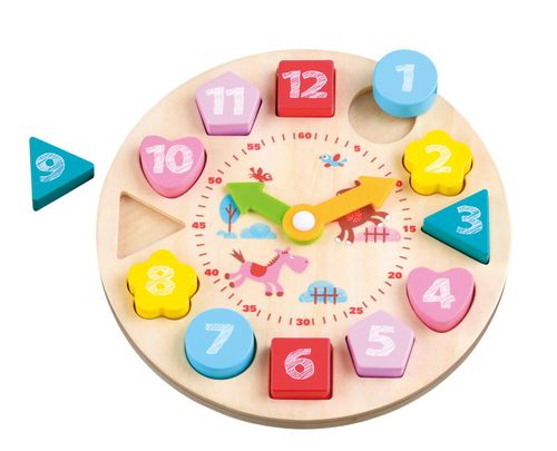 LELIN wooden clock toy with colourful shape blocks and cartoon-themed centre for time reading
