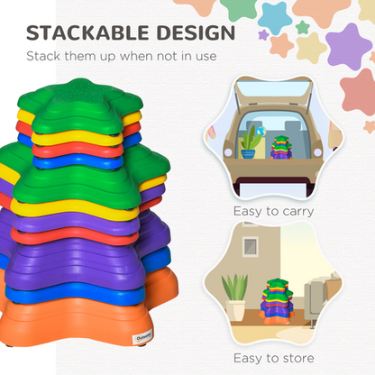 Colourful balance stepping stones in four sizes stacked together for easy movement play storage