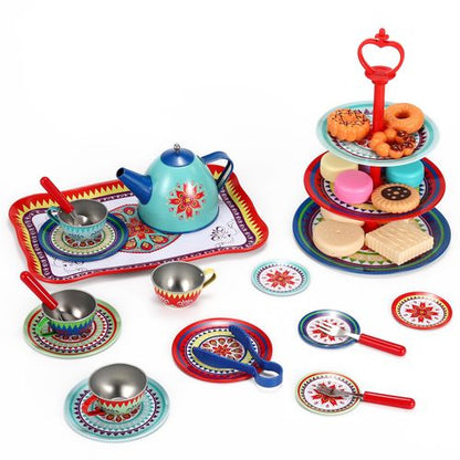 Vintage-style afternoon tea play set with cups, spoons and dessert dishes for imaginative social play