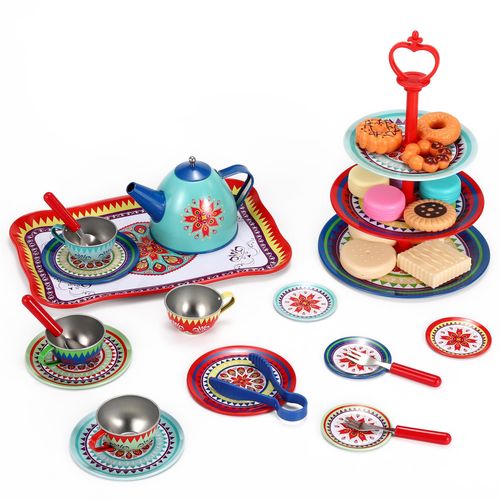 Vintage-style afternoon tea play set with cups, spoons and dessert dishes for imaginative social play
