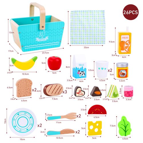 Set of toy food items and a basket with dimensions displayed