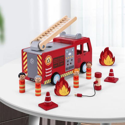 SOKA wooden fire engine truck with firefighter figures and hose designed for imaginative play