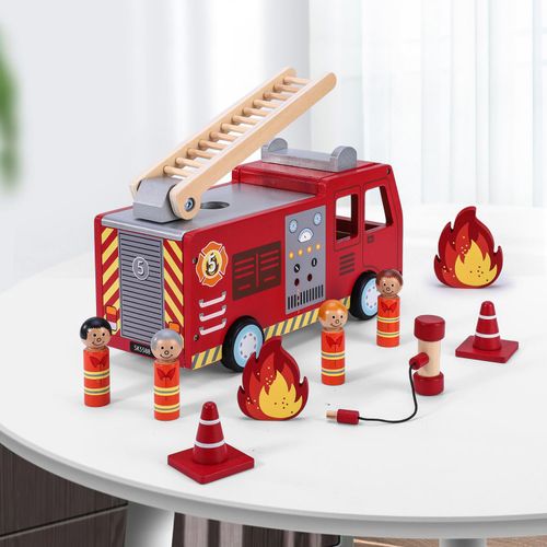 SOKA wooden fire engine truck with firefighter figures and hose designed for imaginative play