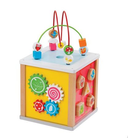 Sensory play cube with bead maze and shape sorter promoting early learning and tactile regulation