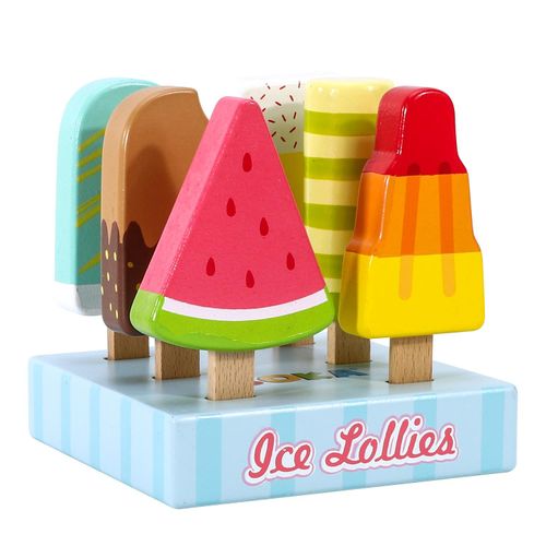 Set of six wooden ice lollies in assorted colours and shapes designed for sensory play