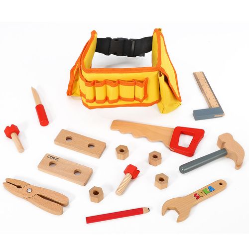 Wooden hammer, saw and bolts laid out from children’s tool belt for tactile construction fun