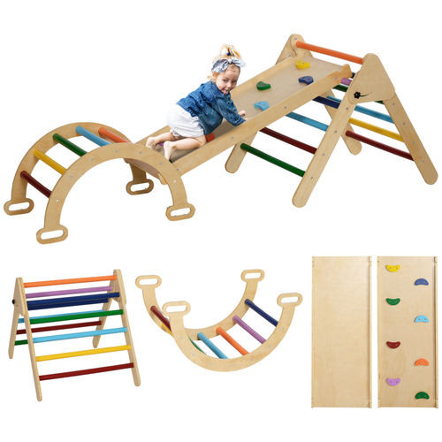 Modular toddler climbing set showing triangle, slide ramp and rocking arch for sensory movement play