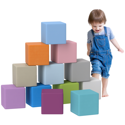 Infant navigating multi-coloured foam blocks designed for safe climbing and coordination