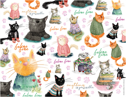Close-up of puzzle pieces featuring vibrant feline designs for sensory-friendly play