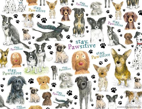 Stay Pawsitive jigsaw puzzle showing illustrated collage of dogs in playful poses and vibrant colours