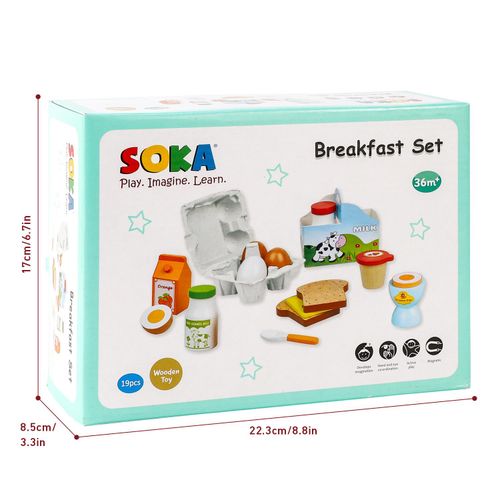 SOKA breakfast set toy packaging with dimensions on a white background