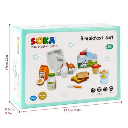 SOKA breakfast set toy packaging with dimensions on a white background