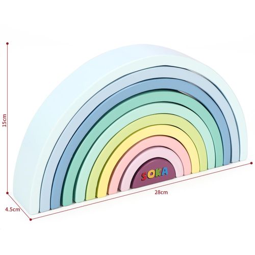 Colorful wooden rainbow toy with dimensions on a white background