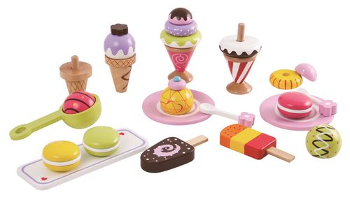 LELIN pretend ice cream play set featuring 6 flavours, macarons and colourful lollypops for creative role play